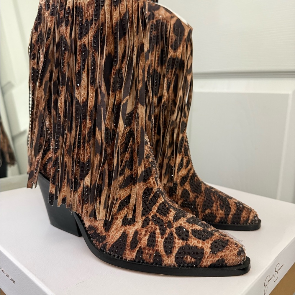Jessica Simpson Leopard Fringe Heeled Boots